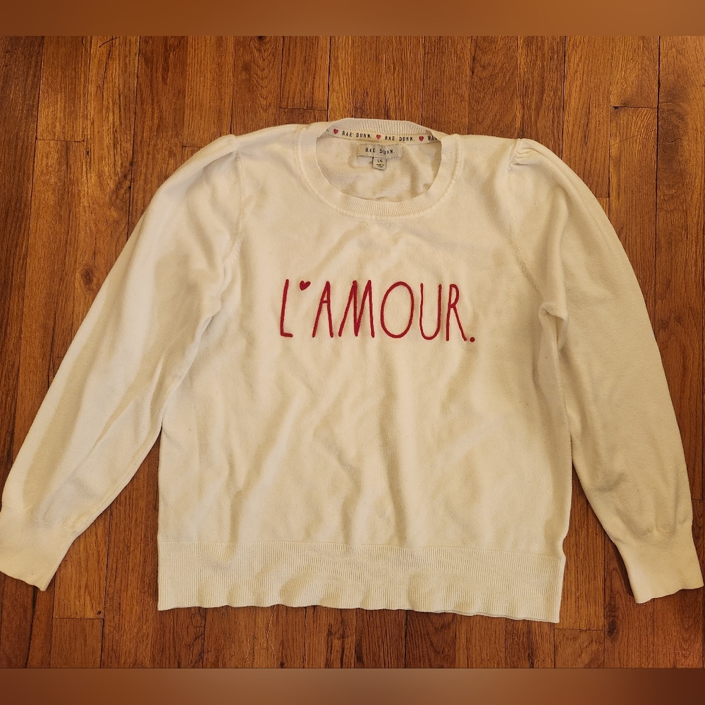 Rae Dunn Red L'Amour White Crewneck Sweater Shirt Women's Size Large